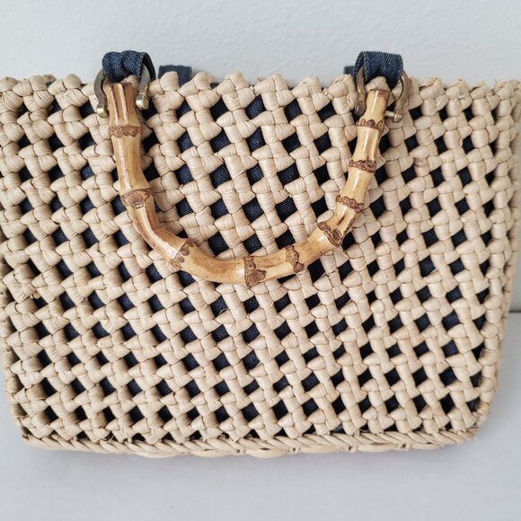 Source Unknown Handbags - Vintage Raffia Woven Handbag Denim Lining Bamboo Handles